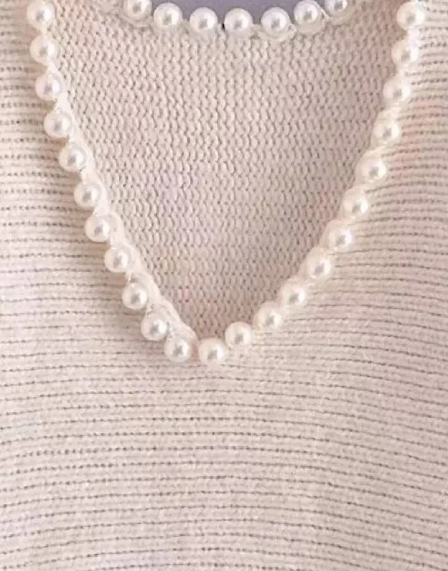 Pearl V Neck Collar Loose Sweater