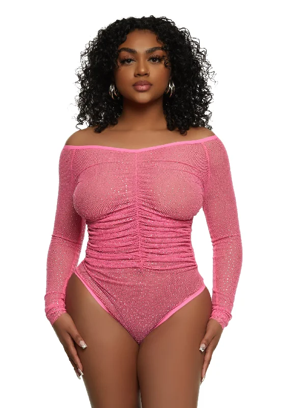 Iris Rhinestone Mesh Ruched Front Bodysuit