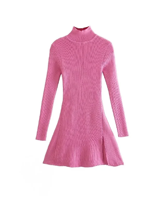 Pink Knit Turtleneck Mini Dress