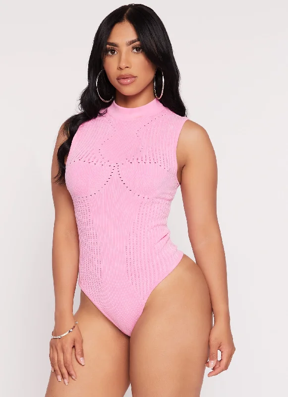 Seamless Ribbed Laser Cut Mock Neck Bodysuit