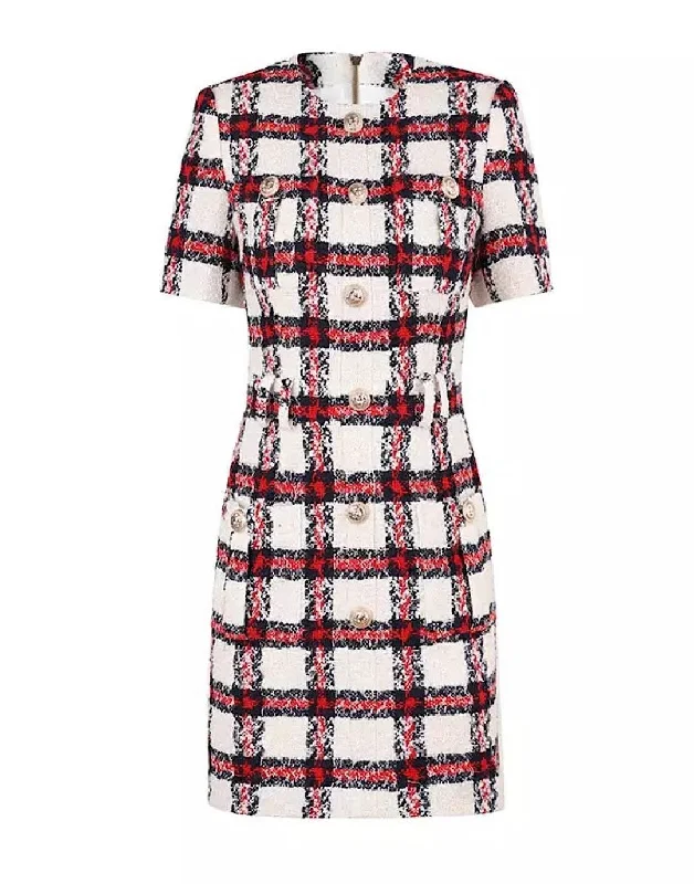 Red Plaid Tweed Knit Gold Button Dress