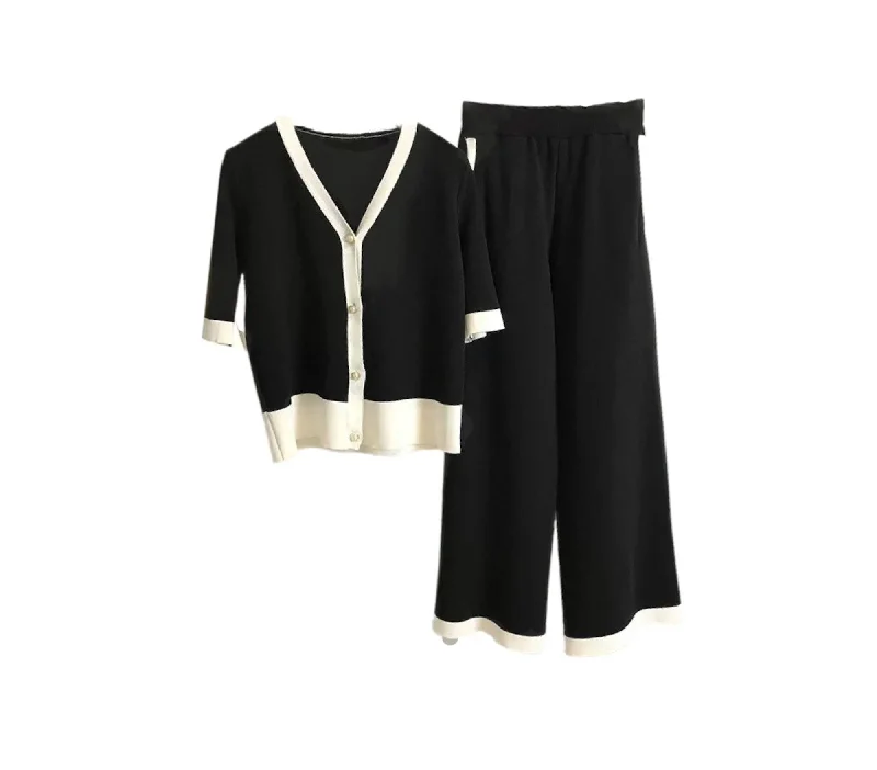 Ribbed Knit Cardigan And Wide Leg Cropped Pants Set