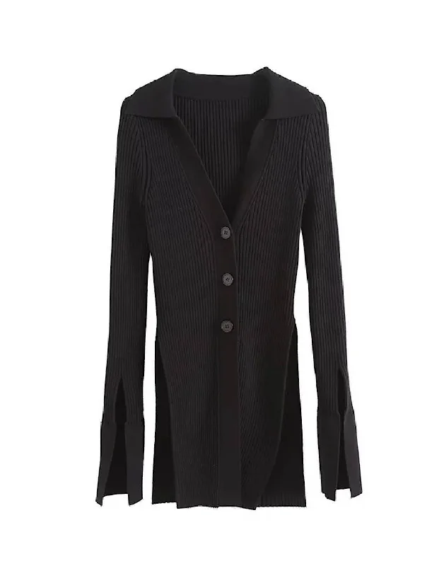 Ribbed Side Cut Buttoned Cardigan