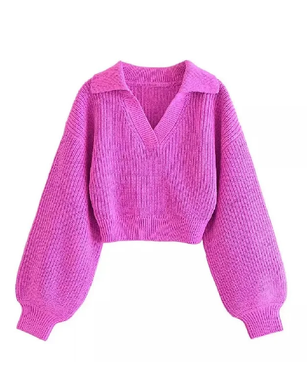 Short Collar Cropped Pink Sweater