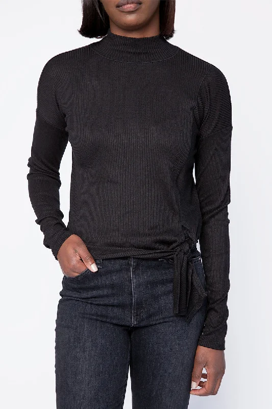 The Rib Knit Tie Turtleneck Top in Black