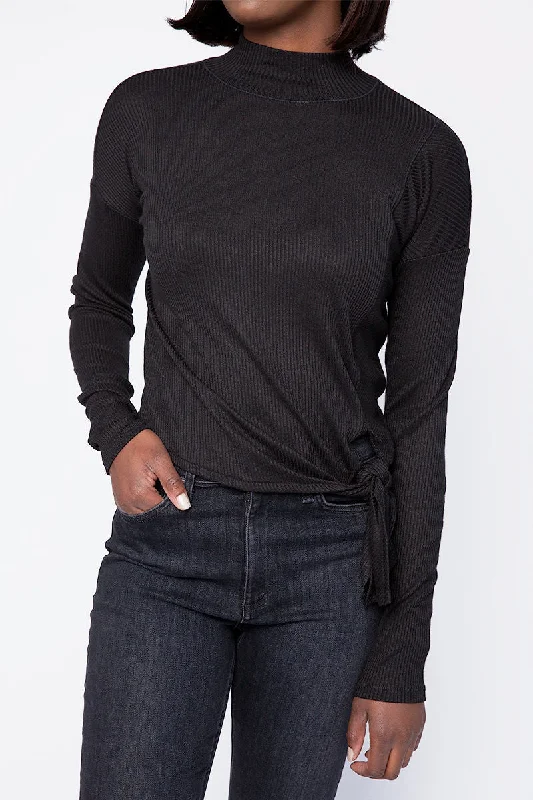 The Rib Knit Tie Turtleneck Top in Black