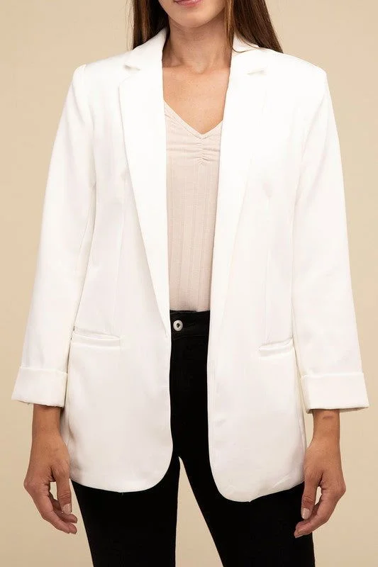 ZENANA Woven Long Sleeve Open Front Classic Blazer