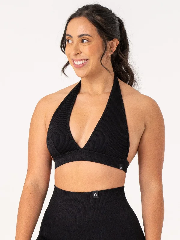 Rib Seamless Halter Sports Bra - Black