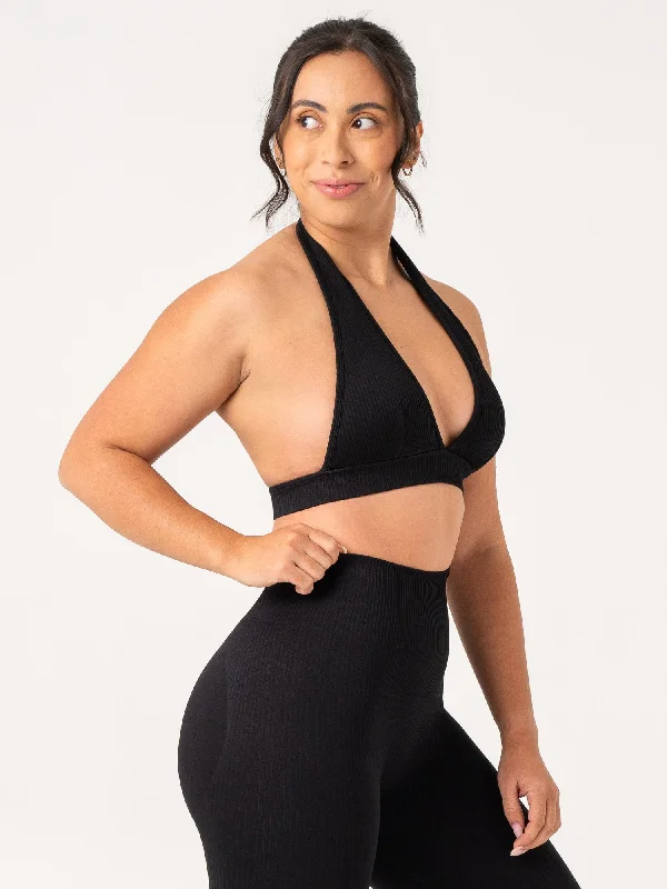 Rib Seamless Halter Sports Bra - Black