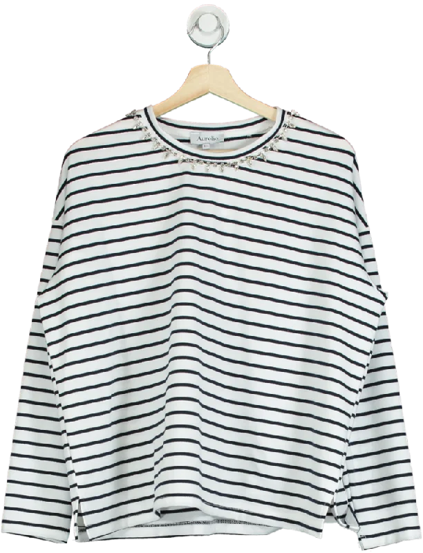 Aurélie White/Black Striped Long Sleeve Top with Embellished Neckline M/L