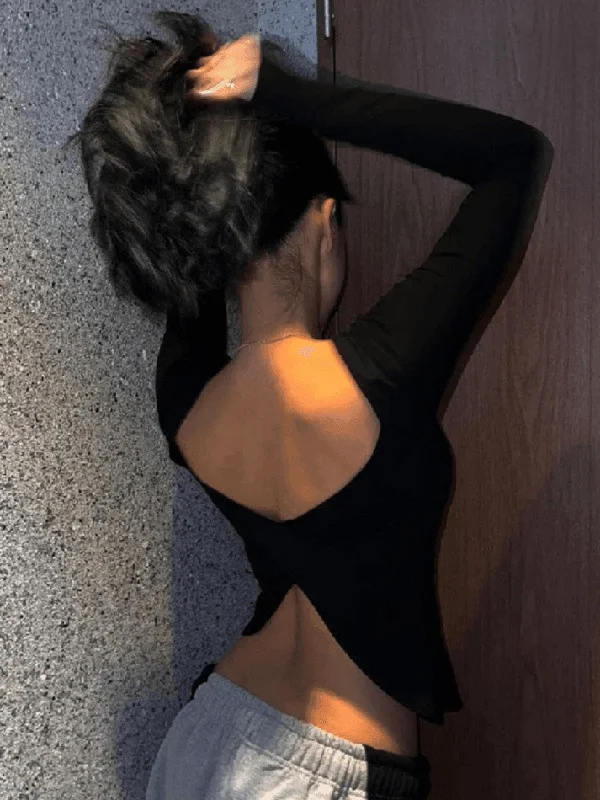 Backless Slit Black Long Sleeve Top