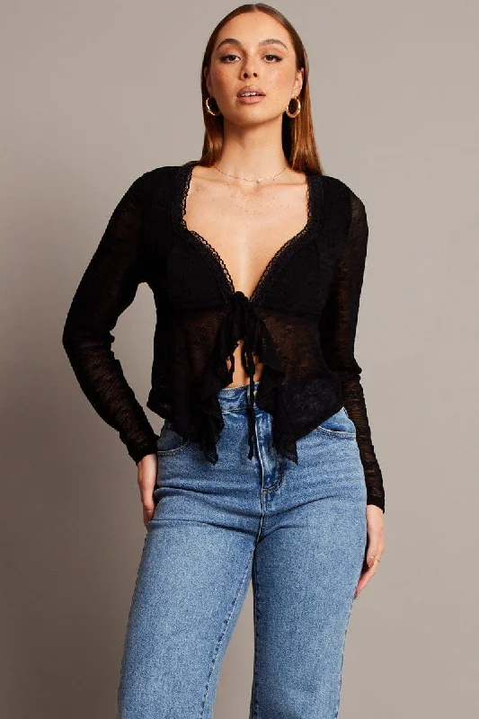 Black Tie Up Front Top Long Sleeve Lace