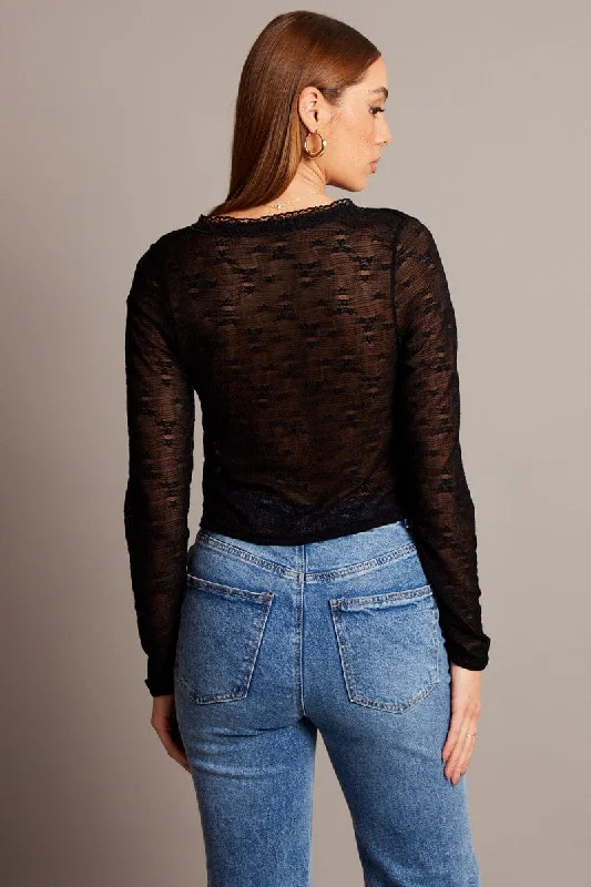 Black Tie Up Front Top Long Sleeve Lace