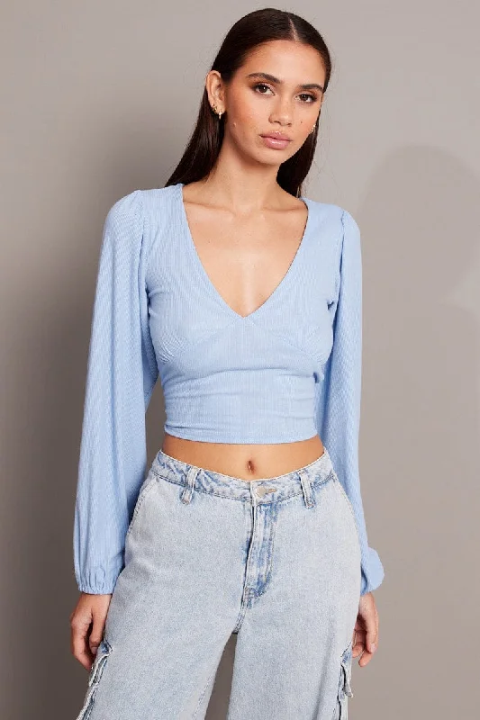 Blue Puff Sleeve Top Long Sleeve V Neck