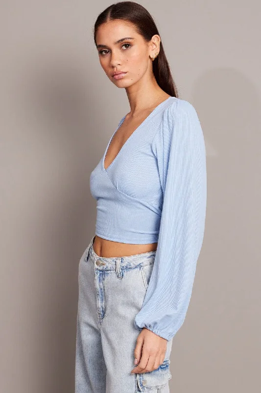 Blue Puff Sleeve Top Long Sleeve V Neck