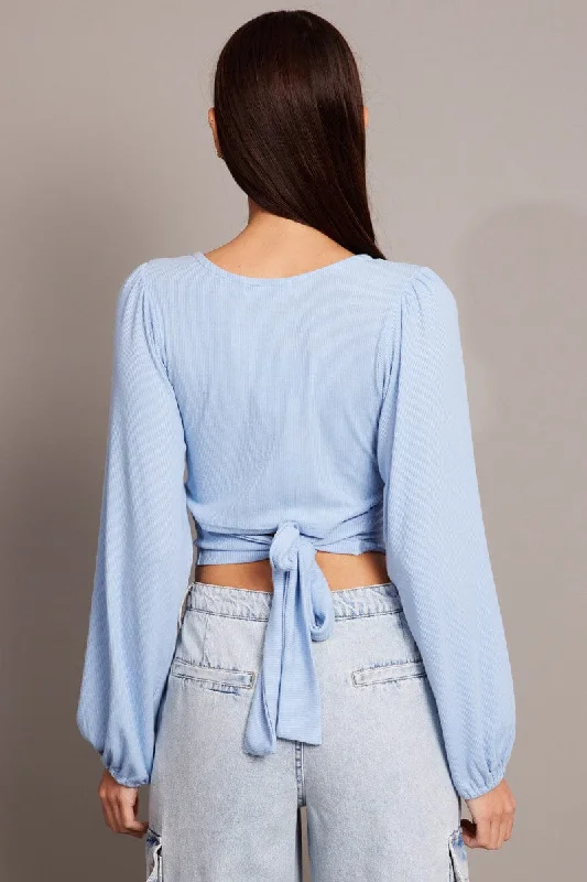 Blue Puff Sleeve Top Long Sleeve V Neck