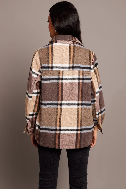 Brown Check Shacket Long Sleeve Lined