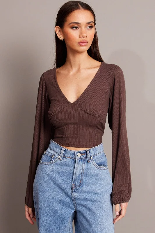 Brown Puff Sleeve Top Long Sleeve V Neck