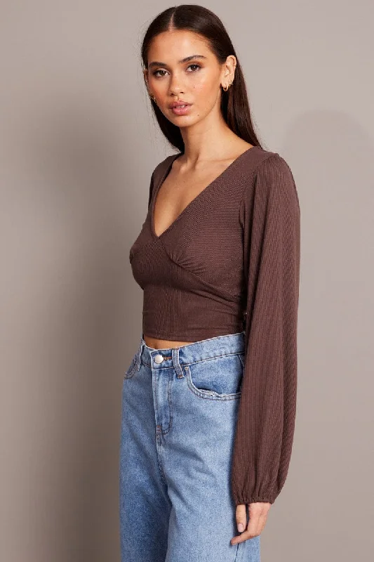 Brown Puff Sleeve Top Long Sleeve V Neck