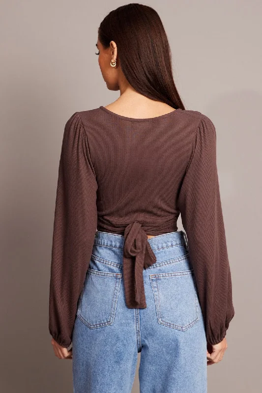 Brown Puff Sleeve Top Long Sleeve V Neck