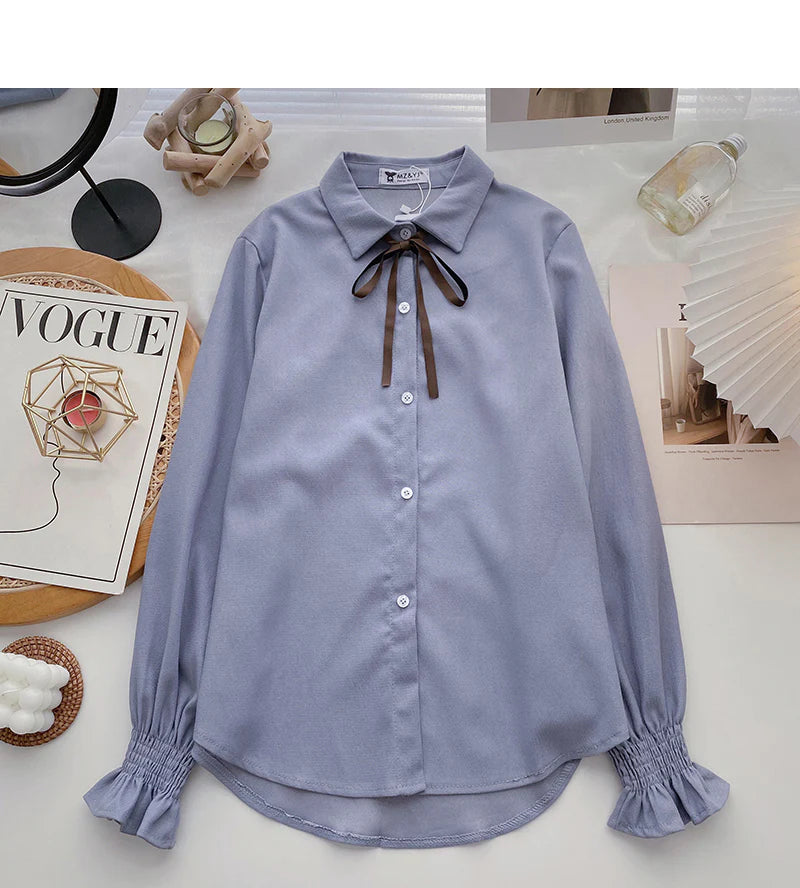 Collegiate lace up Lapel shirt casual long sleeve top     S2535