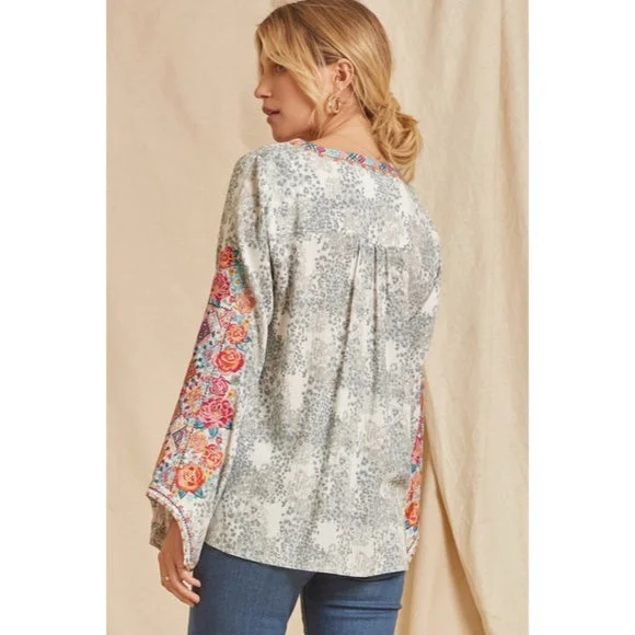 Colorful Boho Floral Embroidered Long Sleeve Tie Woven Blouse Casual Women's