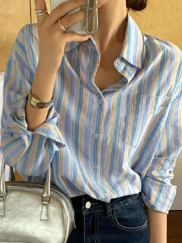 Contrast Color Striped Long Sleeve Blouse