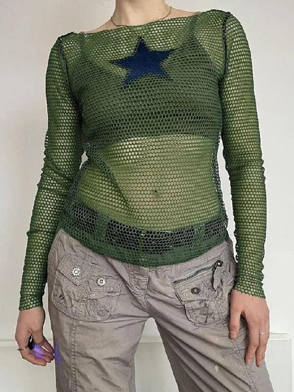 Contrast Star Cutout Mesh Long Sleeve Top