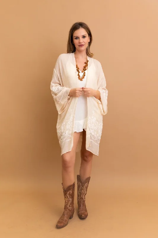 Cream Embroidered Floral Vine Lightweight Long Sleeve Kimono Wrap Top One Size