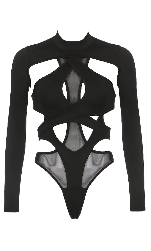 Cutting You Loose <bR><span>Black Sheer Mesh Cut Out Long Sleeve Mock Neck High Cut Bodysuit Top</span>