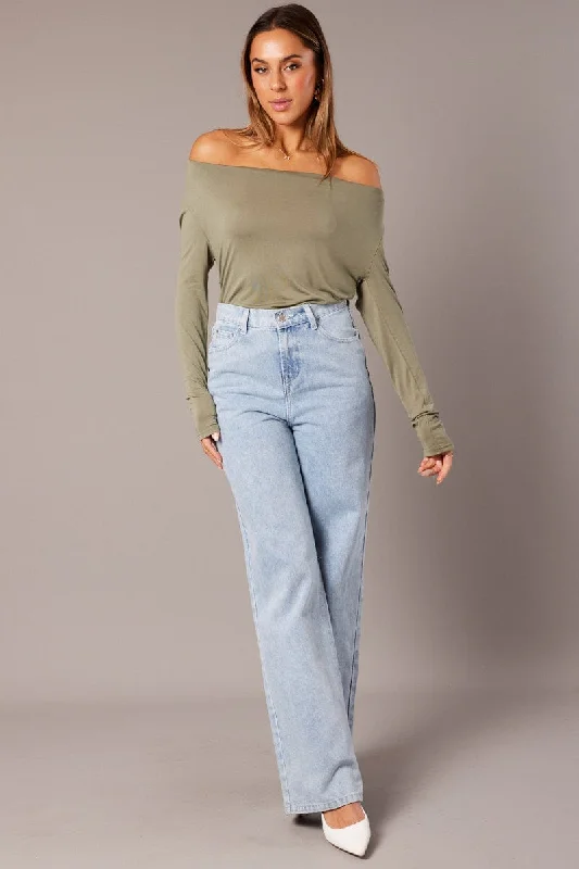 Green Off Shoulder Top Long Sleeve