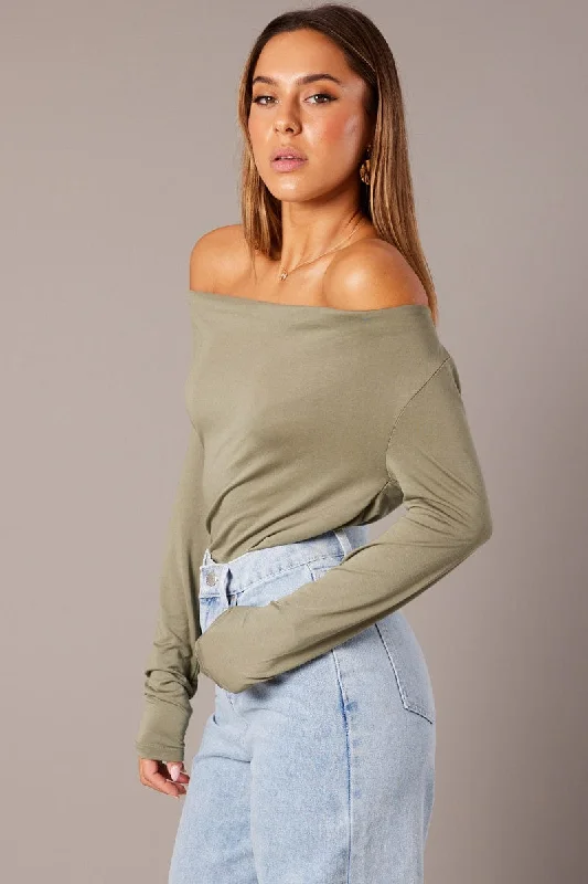 Green Off Shoulder Top Long Sleeve