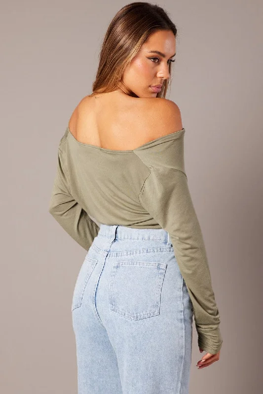 Green Off Shoulder Top Long Sleeve