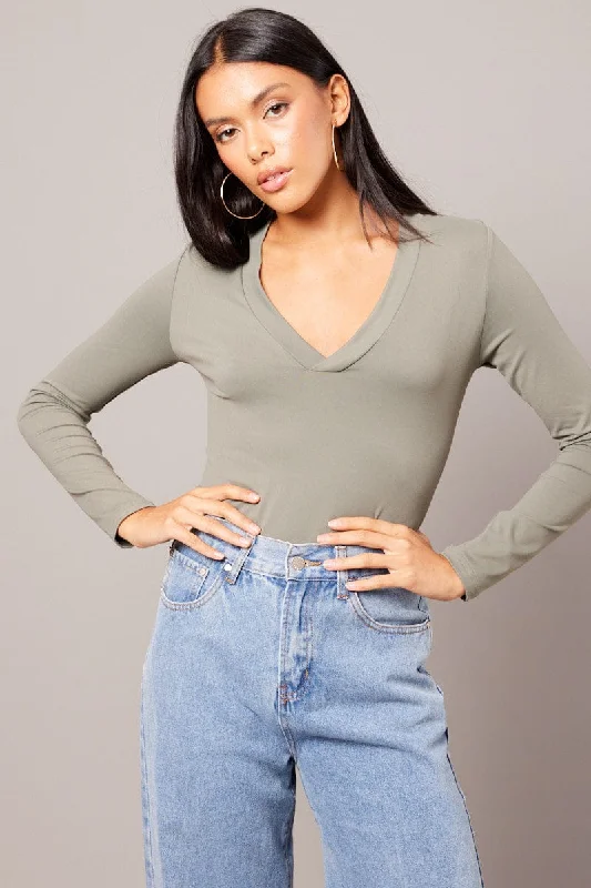 Green Supersoft Top V Neck Long Sleeve