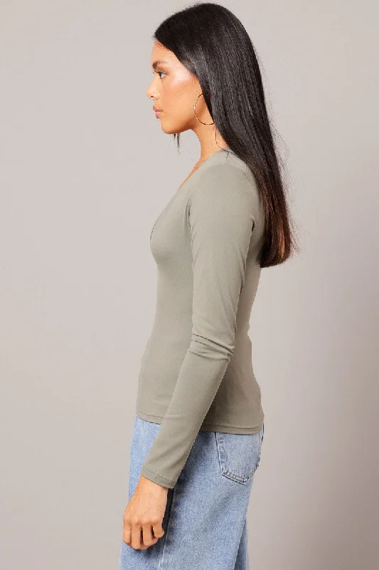 Green Supersoft Top V Neck Long Sleeve