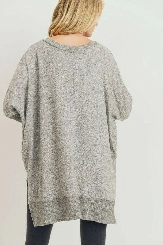 Heather Gray Brushed Soft Knit Boxy Fit Side Slit Long Sleeve Tunic Top Womens