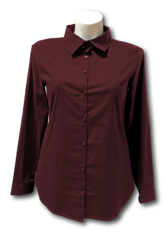 Long Sleeved Stretch Button Up Blouse in Burgundy