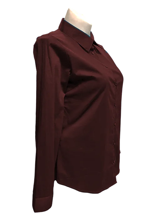 Long Sleeved Stretch Button Up Blouse in Burgundy