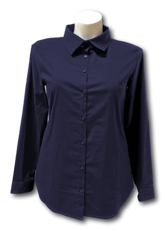 Long Sleeved Stretch Button Up Blouse in Navy Blue