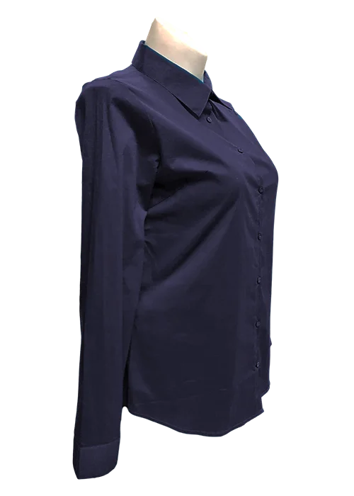 Long Sleeved Stretch Button Up Blouse in Navy Blue