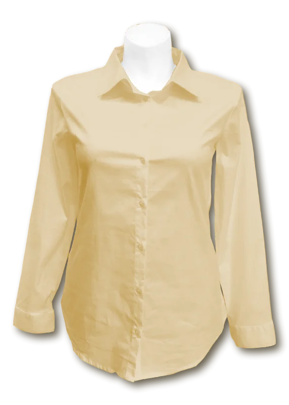 Long Sleeved Stretch Button Up Blouse in Tan