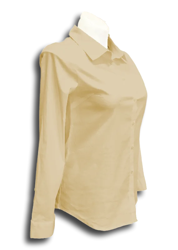 Long Sleeved Stretch Button Up Blouse in Tan