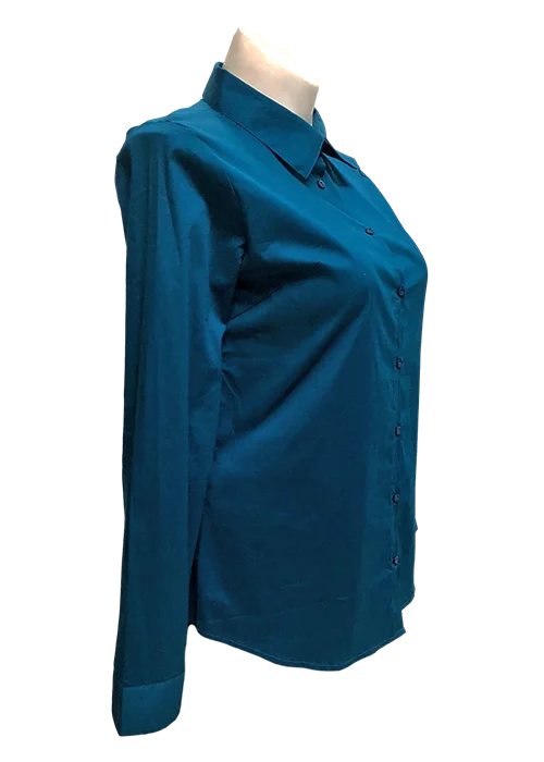 Long Sleeved Stretch Button Up Blouse in Teal Green