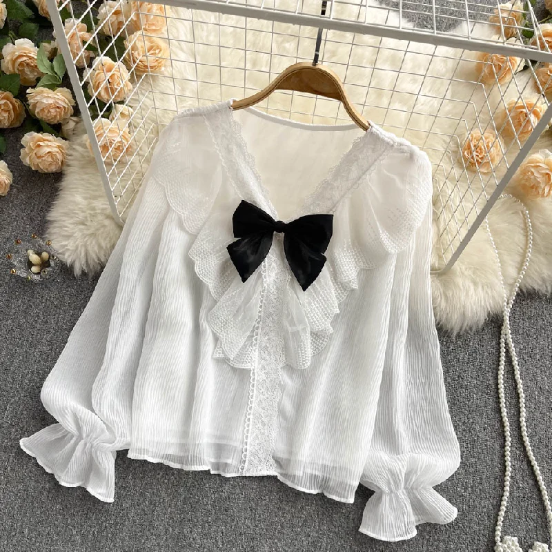 Lovely v-neck bow lace long sleeve top     S253