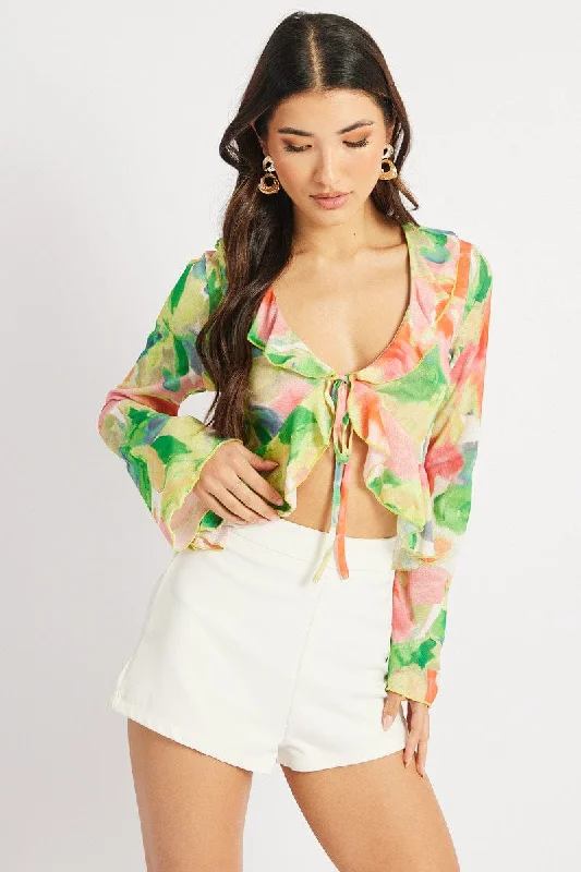 Multi Floral Tie Front Frill Top Long Sleeve