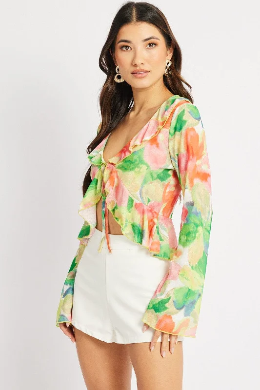 Multi Floral Tie Front Frill Top Long Sleeve