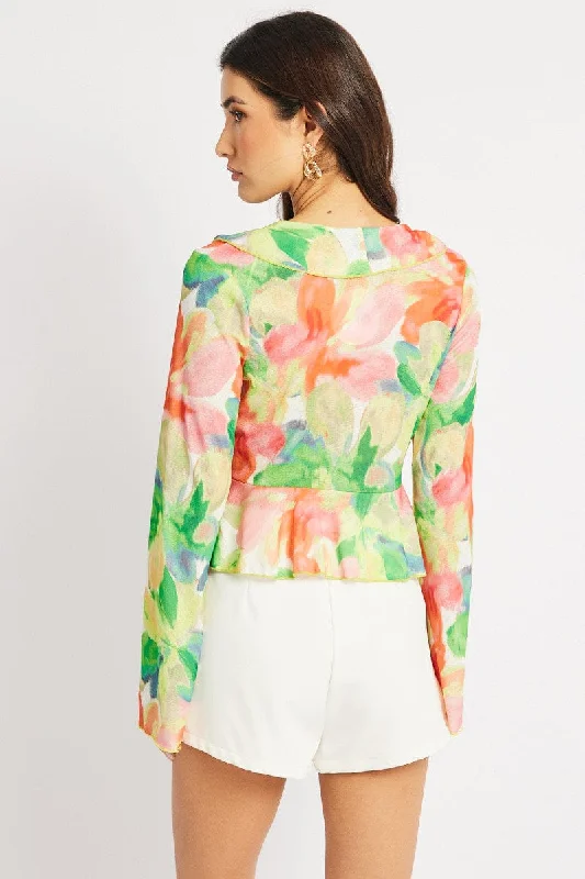 Multi Floral Tie Front Frill Top Long Sleeve