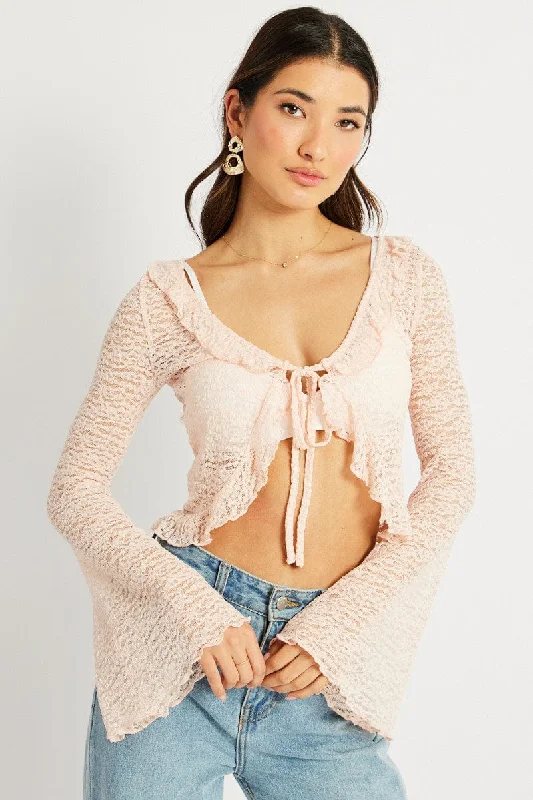 Pink Tie Front Frill Top Long Sleeve Lace