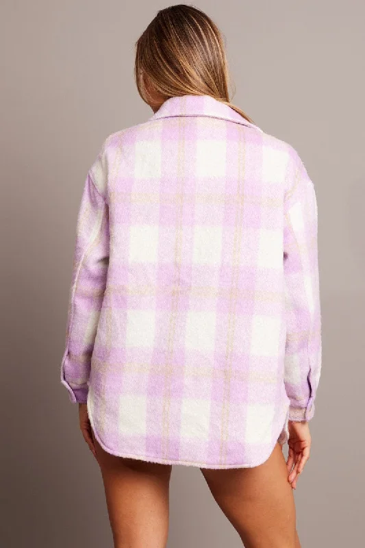 Purple Check Check Shacket Long Sleeve