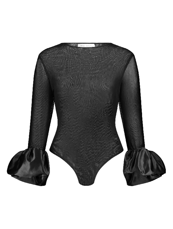 Mesh Long Sleeve Bodysuit With Satin Puff Sleeve